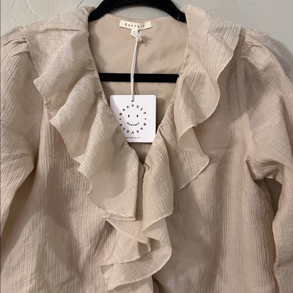 BaeVely Ruffled Beige Blouse- Size Small - Picture 2 of 3
